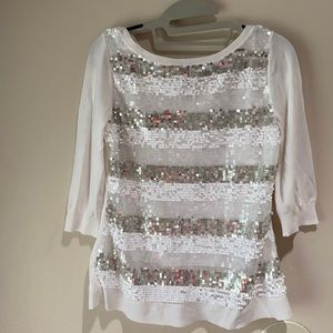 White House Black Market Top White & Silver Sequin